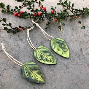 Green Leaf Clay Ornaments Handmade, Rustic Minimalist Fall Decorations or Christmas Tree Decorations, Thanksgiving Host Gift Handmade