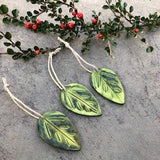 Green Leaf Clay Ornaments Handmade, Rustic Minimalist Fall Decorations or Christmas Tree Decorations, Thanksgiving Host Gift Handmade