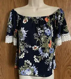 Pink Peony Blue Floral Cropped Top Off Shoulders Short Sleeves Womens Jrs Sz Med