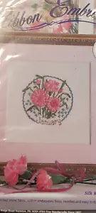 Bucilla JANUARY Carnation Silk Ribbon Embroidery Picture Flowers of the Month