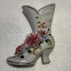 Vintage Royal Crown Porcelain Boot Vase Applied Floral Pink Carnation Flowers