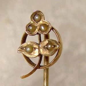 10k Flower Seed Pearls STICK PIN 1900 Victorian Clover Stickpin