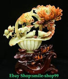 18"Old China Natural Xiu Jade Carved Fengshui Bird Flower Basket Peony Statue