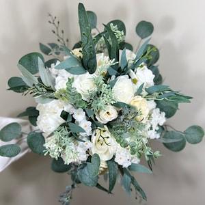 Wedding Bouquet White Bridal Wedding Ivory Rose Peony Bridesmaids Dahlia Decor Eucalyptus Greenery Handmade Artificial Faux Flower Sage