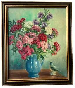 C.1950's by Mathy LAGE Bouquet of Flowers and Porcelain Bird  Oil Painting