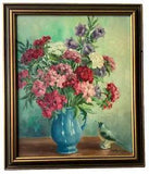 C.1950's by Mathy LAGE Bouquet of Flowers and Porcelain Bird  Oil Painting