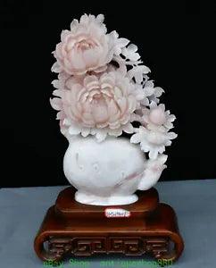NEW LISTING16.5'' Chinese Natural Xiu Pink Jade Carve Peony Flower Statue Sculpture