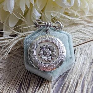 Sunflower Locket Brooch, Memory Bouquet Charm, Bridal Bouquet Locket, Remembrance Pin, Gift for Bride, Round Locket Brooch