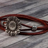 Womens Leather Bracelet - Sunflower - Flower Leather Bracelet - Leather Wrap Bracelet - Flower Jewelry - Womens Bracelet - Sunflower Jewelry