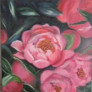 pink peonies painting, peonies oil painting on square canvas, original painting