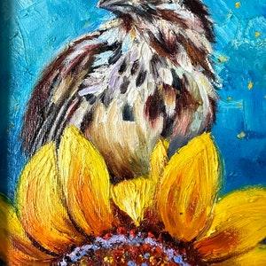 Sunflower and the bird original art oil painting 7x5 framed.