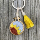 Sunflower Rays Floral Embroidered Keychain, Hand Embroidered Keychain, Sunflower Embroidery, Small embroidered Hoop, Gift Ideas