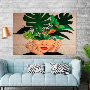 Plant lady wall art prints Monstera Leaf Graffiti wall art Monstera Plant lady canvas wall art Tropical wall canvas Large wall art