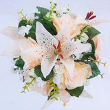 Peach, wedding, bouquet, tiger lily, peach roses, silk flowers, bride,bridesmaid. Choose you ribbon.