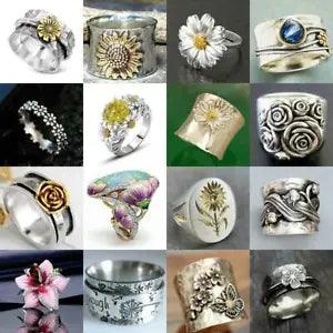 Fashion Silver Plated Zircon Daisy Sunflower Rings Women Wide Band Party Gift