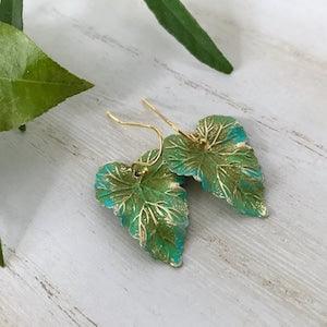 Gold and Green Hand Painted Ivy Leaf Earrings