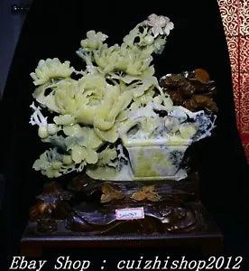 18" China Natural Green Xiu Jade Carve Peony Flower Bird Magpie Potting Statue