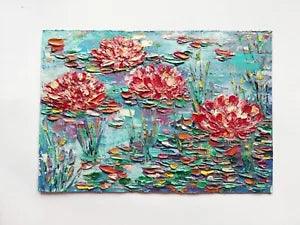 WATER LILY Flower Stylish Modern Art Oil painting.No frame. 7,5"x10,5"