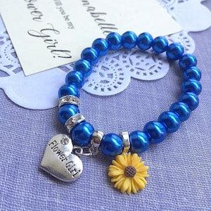 Sunflower bracelet, sunflower jewelry, flower girl bracelet, sunflower wedding, pearl bracelet, navy blue bracelet, FREE card.