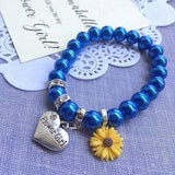 Sunflower bracelet, sunflower jewelry, flower girl bracelet, sunflower wedding, pearl bracelet, navy blue bracelet, FREE card.