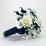 CHOOSE RIBBON COLOR - Navy Blue and White Calla Lily and Rose Bouquet, Navy Blue Bridal Bouquet, Calla Lily Bouquet, Baby's Breath, Wedding