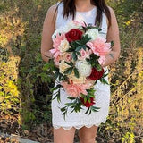 Cascade wedding bouquet, Pink teardrop bridal bouquet, White cascade bouquet, Ivory & dusty pink roses bouquet, Silk Bridal bouquet