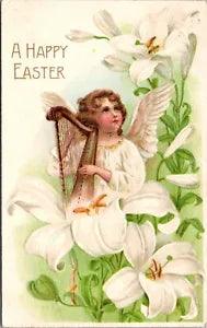 Easter Postcard Angel Child Playing the Harp Around White Lily Flowers
