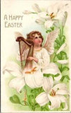 Easter Postcard Angel Child Playing the Harp Around White Lily Flowers