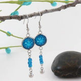 Blue earrings, seed beads, flower glass cabochon, blue earrings, stainless steel, stainless steel