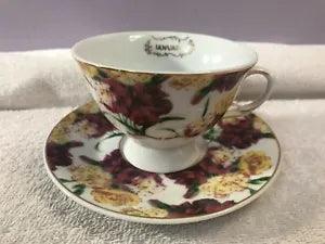 Victoria Trading Co. Teacup & Saucer 1898 colorful carnation flower January