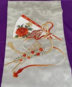 JAPANESE KIMONO/VINTAGE NAGOYA-OBI/SILVER/WHITE/HAND FAN/FLOWER/PEONY/ANTIQUE/