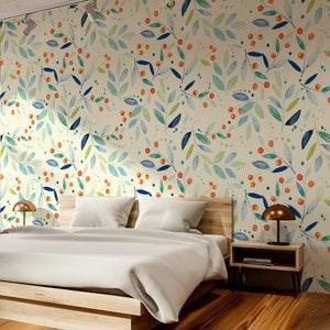 Light Wallpaper with Watercolor Blue and Green Leaves, Plants, Peel and Stick Wallpaper, Removable Wall Mural, Self Adhesive