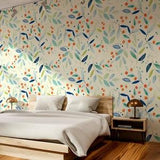 Light Wallpaper with Watercolor Blue and Green Leaves, Plants, Peel and Stick Wallpaper, Removable Wall Mural, Self Adhesive