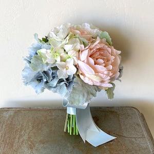 Bride Bouquet, Artificial Wedding Bouquet : A Classic Garden Bouquet of Silk Flowers Pink Rose, Blue Hydrangea, Peony, Anemone, Dusty Miller