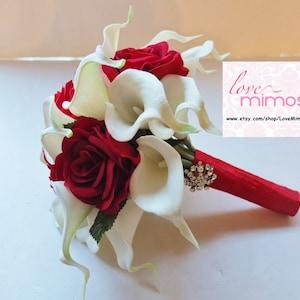 Bridal Bouquet, White Calla Lily Bouquet, Red Roses Bouquet, bridesmaid bouquet, wedding bouquet, silk flower bouquet, Flower Girl Bouquet