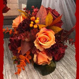 Artificial Bridal Bouquet | Fall Theme Wedding | Burgundy Rose Wedding Flowers | Orange and Burgundy Fall in Love Bouquet