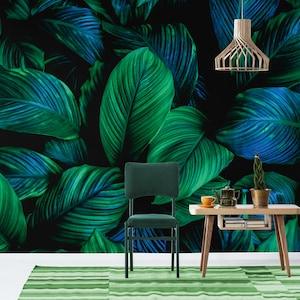 Black wallpaper with green and blue leaves, self adhesive, peel and stick wall mural