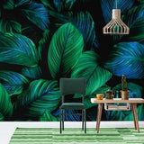 Black wallpaper with green and blue leaves, self adhesive, peel and stick wall mural