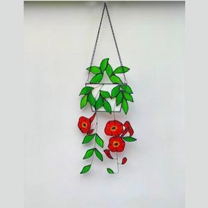 Trumpet Vine Red stained glass hanging plant,Campsis radicans fake plant,flower plant decor,Garden house plant,window hanging decor