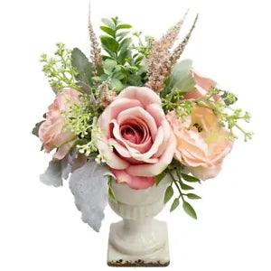 Artificial Rose and Mixed Flower Arrangement in Ceramic Crackled Urn Vase New