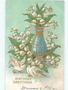 NEW LISTINGc1910 Beautiful Large BIRDS WITH LILY OF THE VALLEY FLOWERS AND VASE AC4945