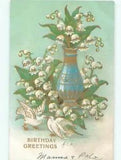 NEW LISTINGc1910 Beautiful Large BIRDS WITH LILY OF THE VALLEY FLOWERS AND VASE AC4945