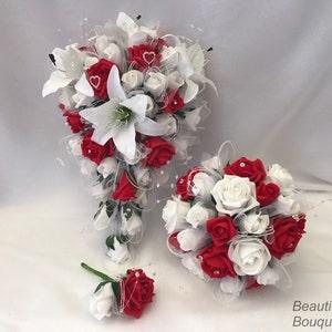 Artificial wedding bouquets flowers sets white and red