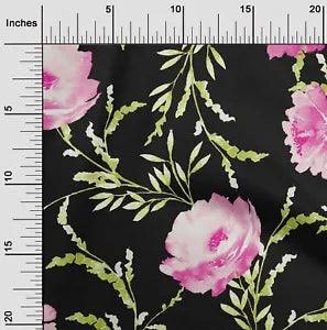 oneOone Cotton Poplin Fabric Watercolor Leaves & Peony Floral Print-rie