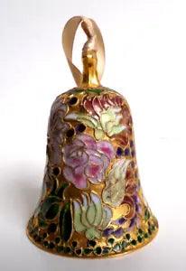 Vintage Handmade Cloisonne Enamel Flowers Tulips Carnations Metal Bell 4" Tall