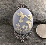 Hummingbird Wedgwood Blue Cameo Brooch Pin LILY OF THE VALLEY FLOWERS Victorian
