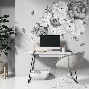 Peel&Stick Peony Bouquet Flowers 28 Piece Black and White Peonies and Leaves Removable Self Adhesive Wall Decal Set
