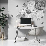 Peel&Stick Peony Bouquet Flowers 28 Piece Black and White Peonies and Leaves Removable Self Adhesive Wall Decal Set