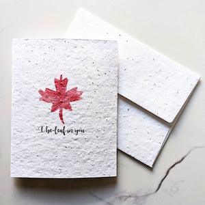 Watercolor leaf on plantable seed paper or watercolor white paper, I beleaf in you, love valentine card, funny pun, encouragement card