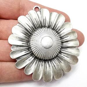Sunflower Flower Pendant, Antique Silver Plated Pendant (69x65mm) G33071